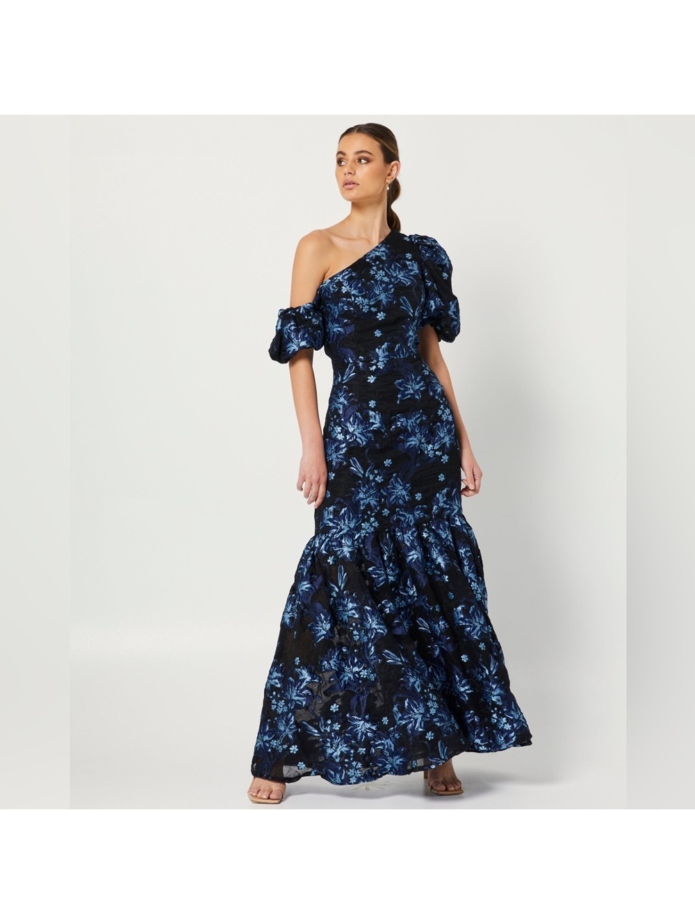 Elliatt Planetary Asymmetric Jacquard Maxi Dress, Navy/Black, New w/Tag
